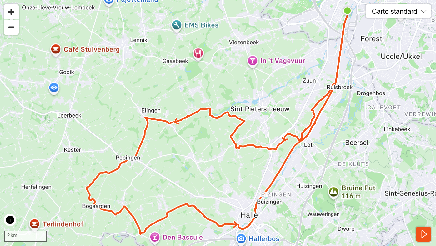 You are currently viewing <svg style="background:#81d742;fill:#000000" focusable="false" role="img" aria-labelledby="cat_76" class="category-icon" xmlns="http://www.w3.org/2000/svg" viewBox="0 0 640 512"><!-- Font Awesome Free 5.15.3 by @fontawesome - https://fontawesome.com License - https://fontawesome.com/license/free (Icons: CC BY 4.0, Fonts: SIL OFL 1.1, Code: MIT License) --><title id='cat_76'>Catégorie: Biking_FR</title><path d="M400 96a48 48 0 1 0-48-48 48 48 0 0 0 48 48zm-4 121a31.9 31.9 0 0 0 20 7h64a32 32 0 0 0 0-64h-52.78L356 103a31.94 31.94 0 0 0-40.81.68l-112 96a32 32 0 0 0 3.08 50.92L288 305.12V416a32 32 0 0 0 64 0V288a32 32 0 0 0-14.25-26.62l-41.36-27.57 58.25-49.92zm116 39a128 128 0 1 0 128 128 128 128 0 0 0-128-128zm0 192a64 64 0 1 1 64-64 64 64 0 0 1-64 64zM128 256a128 128 0 1 0 128 128 128 128 0 0 0-128-128zm0 192a64 64 0 1 1 64-64 64 64 0 0 1-64 64z"/></svg> Sortie vélo 44km (22-24km/h) + 35km (20km/h)